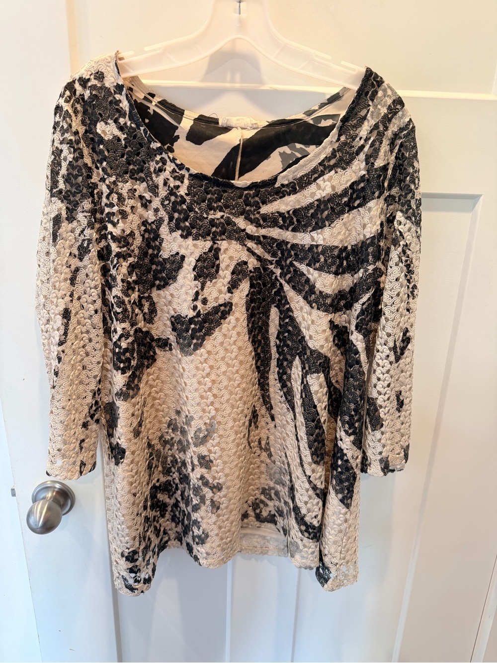 Brittney Black Lace Top Black Cream Sheer Overlay Blouse 1X